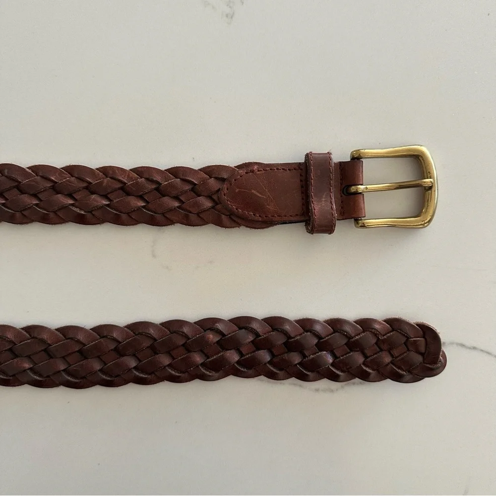Vintage Braided Leather Belt with Rounded Square Brass Tone Buckle Dark Brown XL
